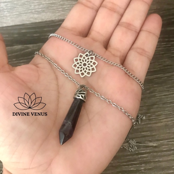 Amethyst Lotus Stainless Steel Layered Necklace - Picture 3 of 8